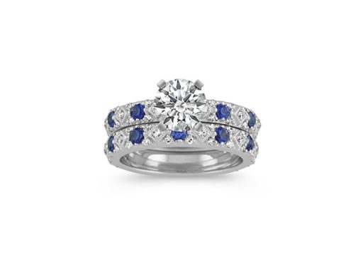 Traditional Blue Sapphire and Diamond Wedding Set in 14k White Gold.